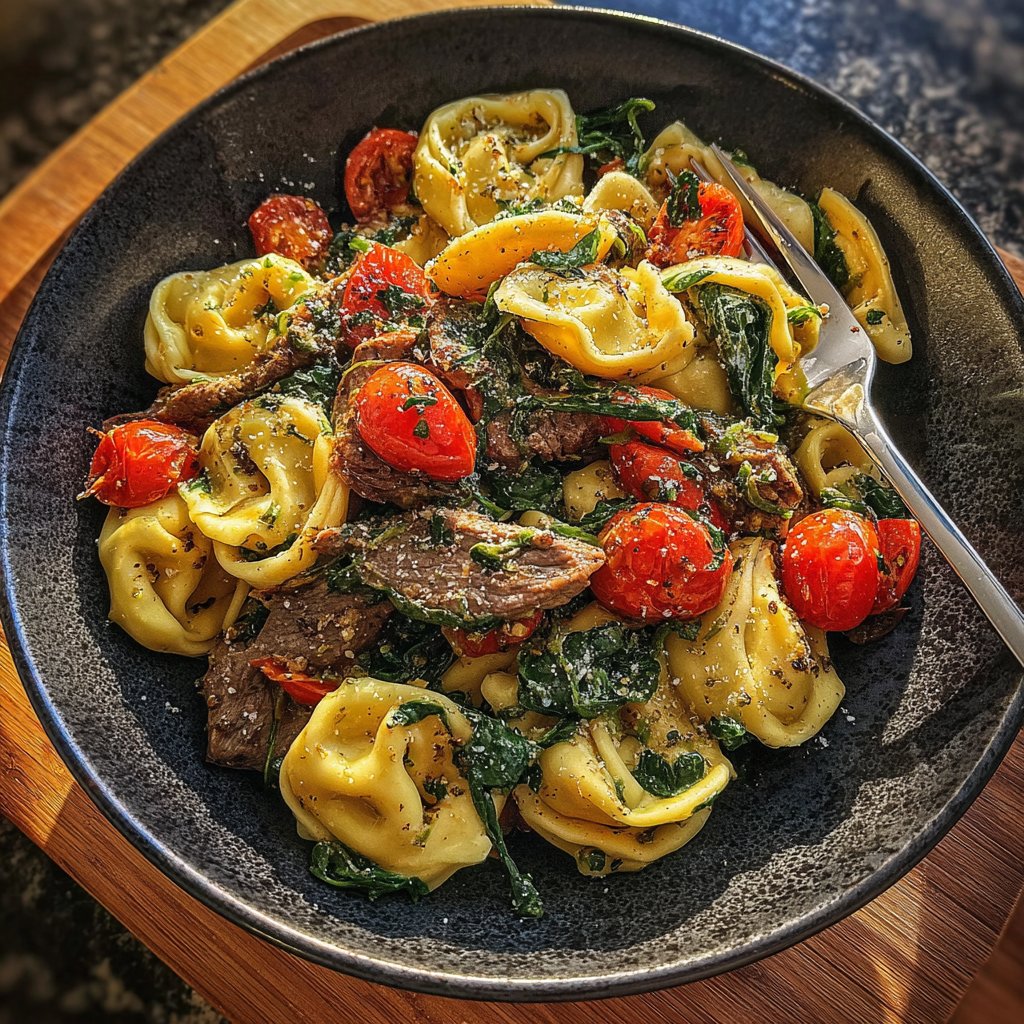 Garlic Steak Tortellini with Spinach and Cherry Tomatoes