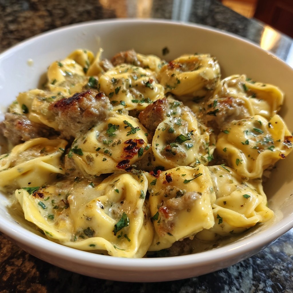 Romige tortellini soep met Italiaanse worst