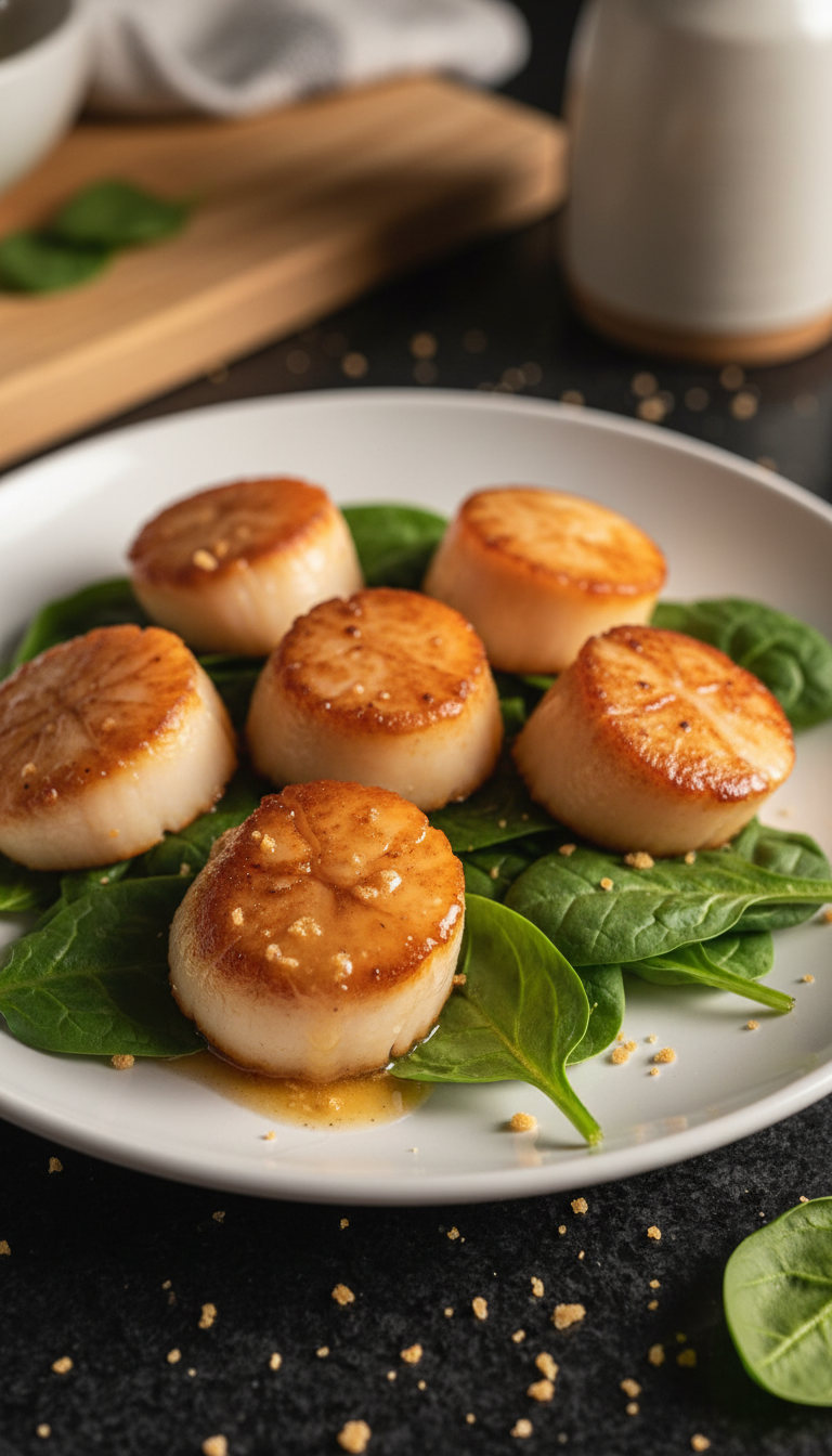 Savory Scallops over Spinach